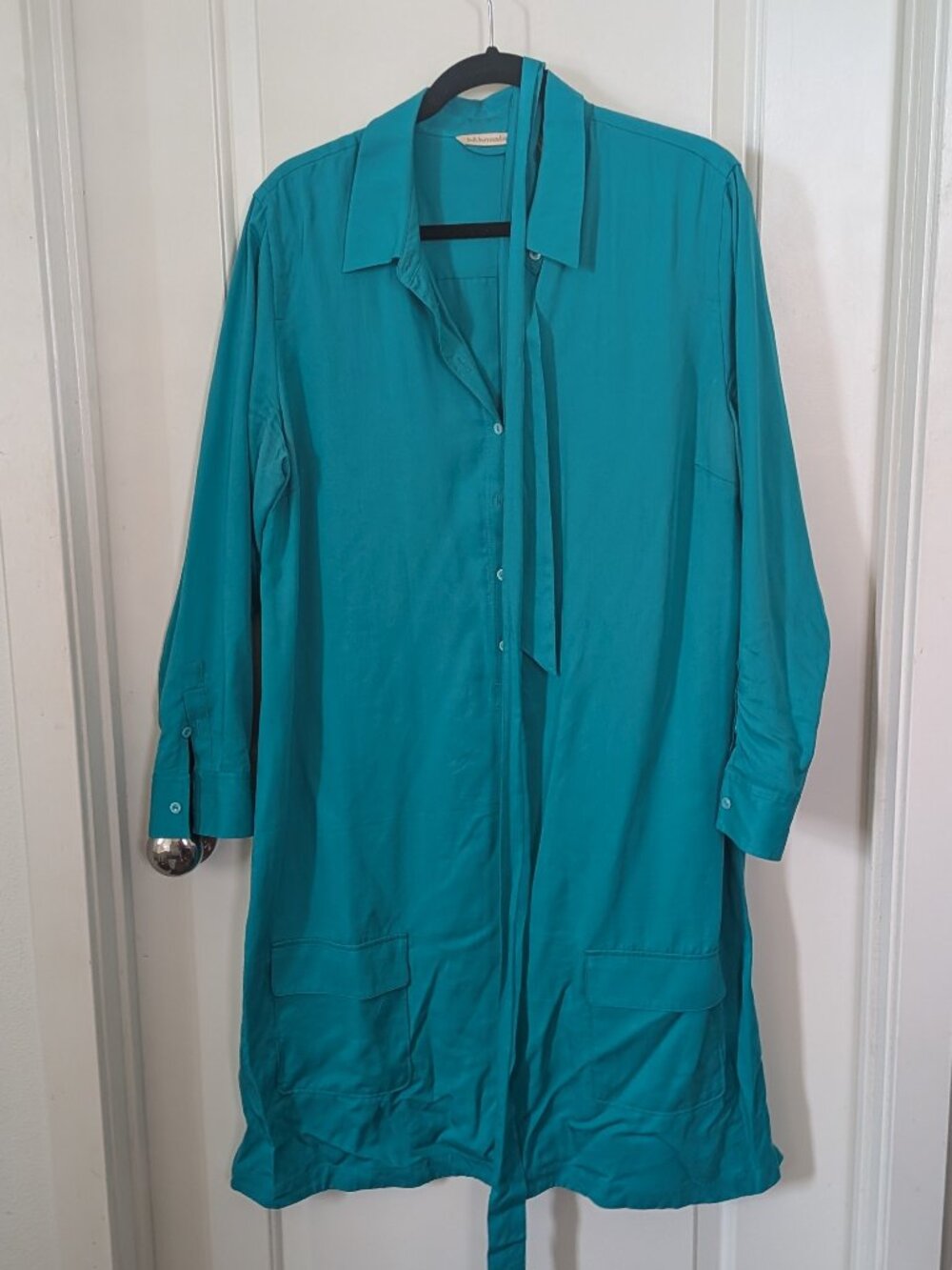 Soft Surroundings Teal Shirt Dress PXL Button Front Waist Tie Long Sleeve Pocket